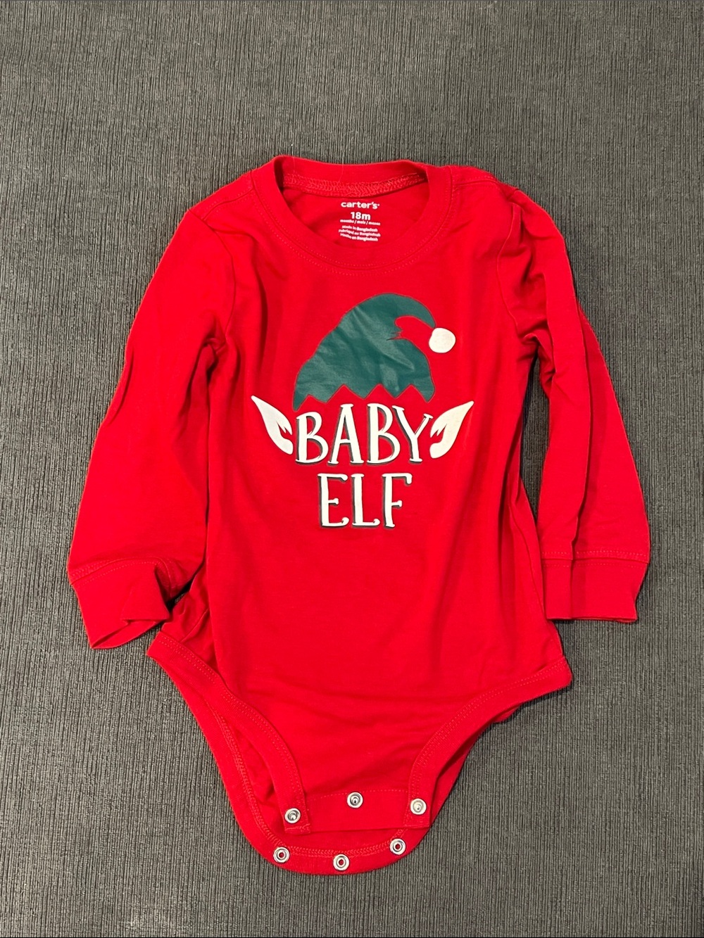 Carter's 18M Red Long-Sleeve 'Baby Elf' Graphic Onesie